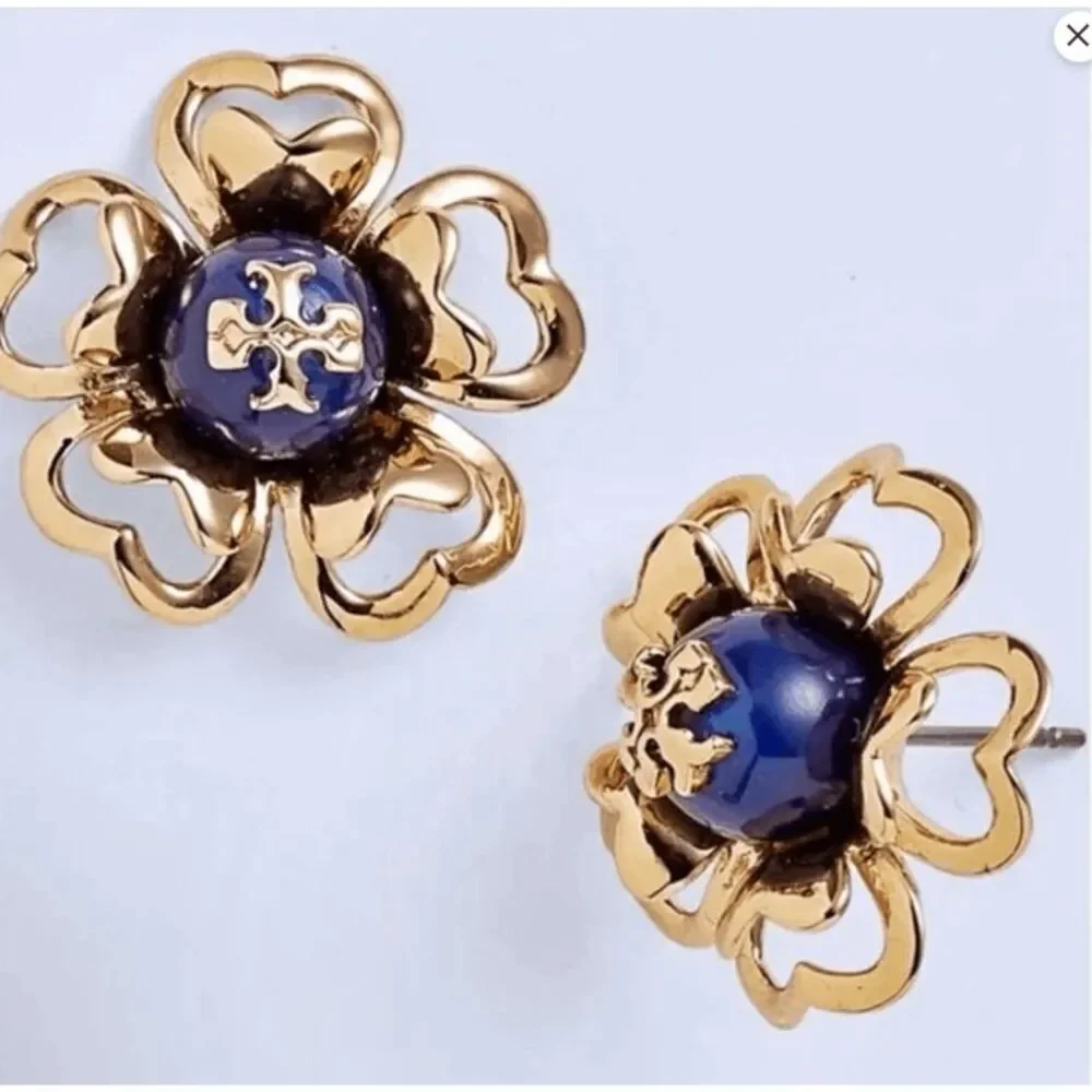 Tory Burch NEW 16k-gold plate blue faux pearl Katie Stud Earrings